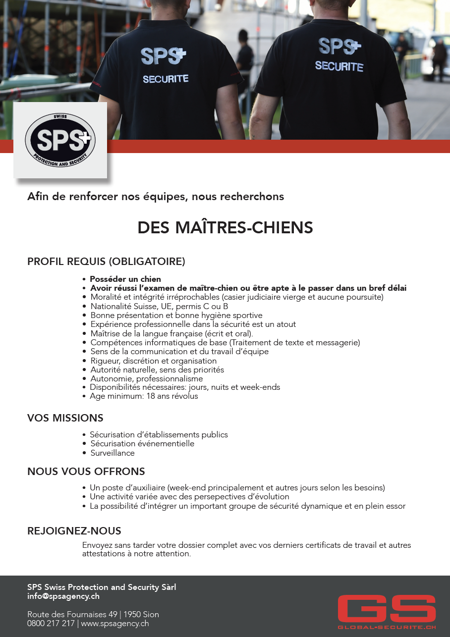 Emploi Les Propositions D Emploi Chez Sps Swiss Protection And Security